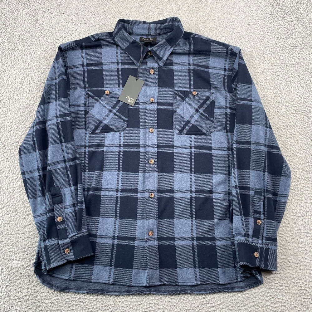 Porter + Ash Shirt Mens XXL Blue Plaid Flannel Button Up Long Sleeve Stretch